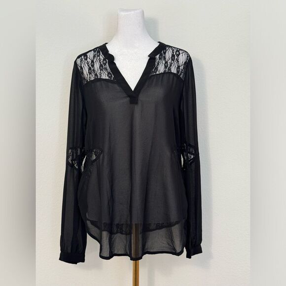 Anthropologie Lush Black Long Sleeve Sheer Top Lace Accents Women’s Size Medium - Picture 1 of 15